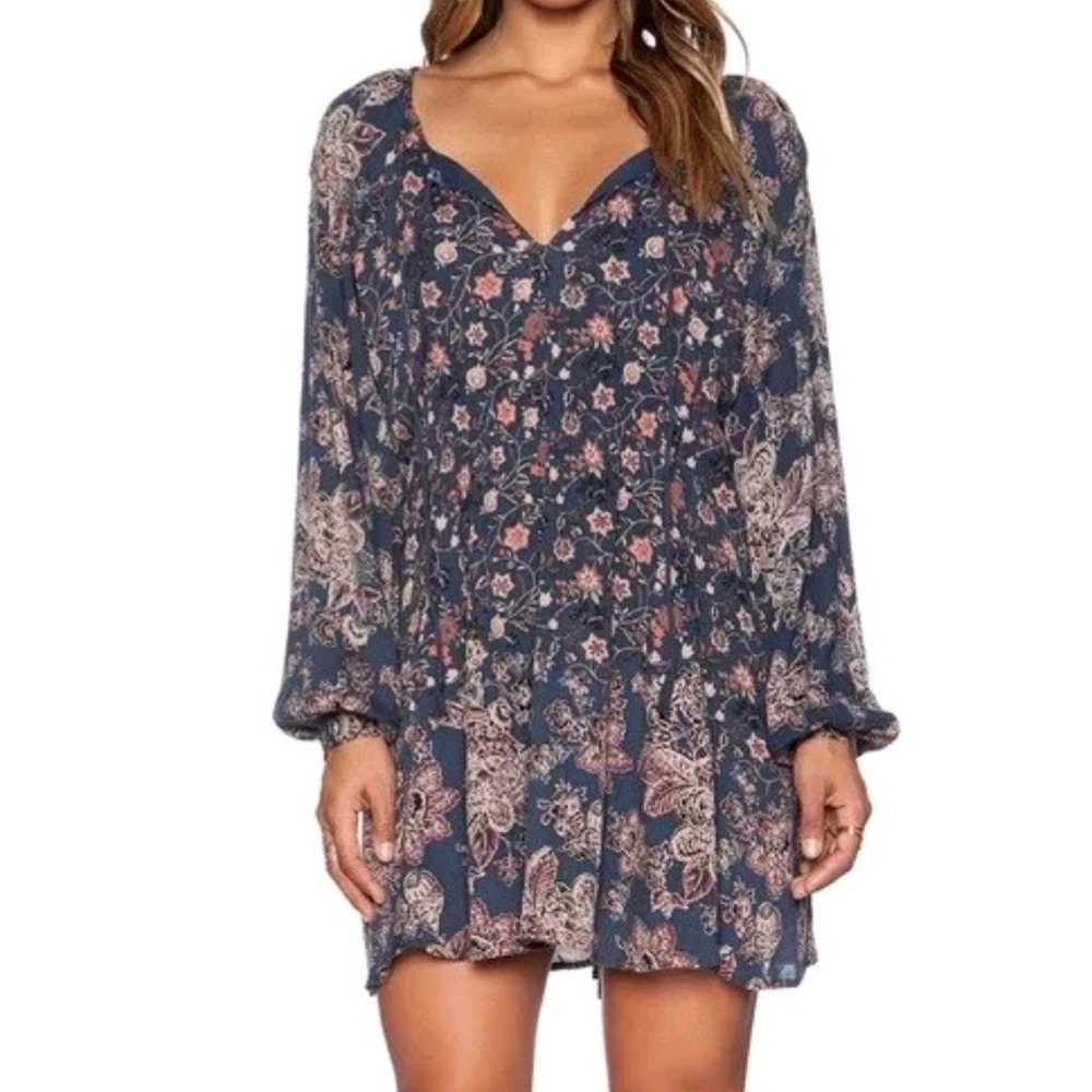 Free People Navy Blue Floral Long-Sleeve Mini Dress
